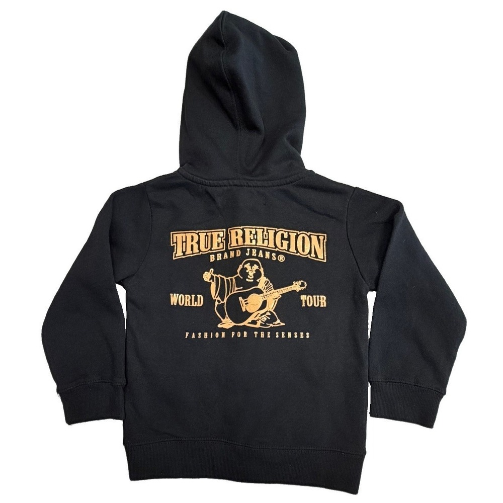 True Religion Kids Zip Hoodie Black World Tour Logo Fleece‎ Size 4 Small
